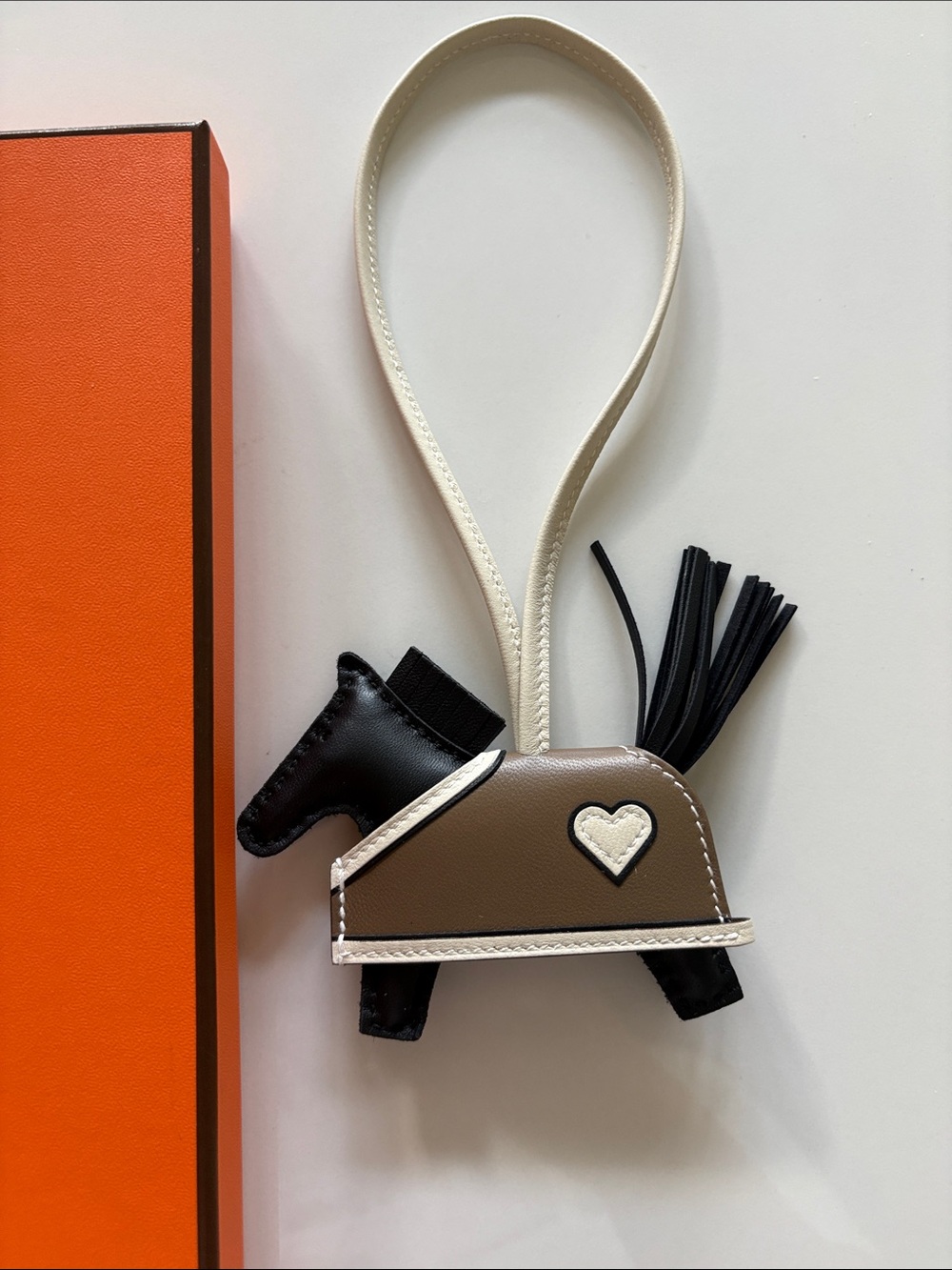 Hermes robeo etoupe & Black Horse Bag Charm with Cream Strap craie